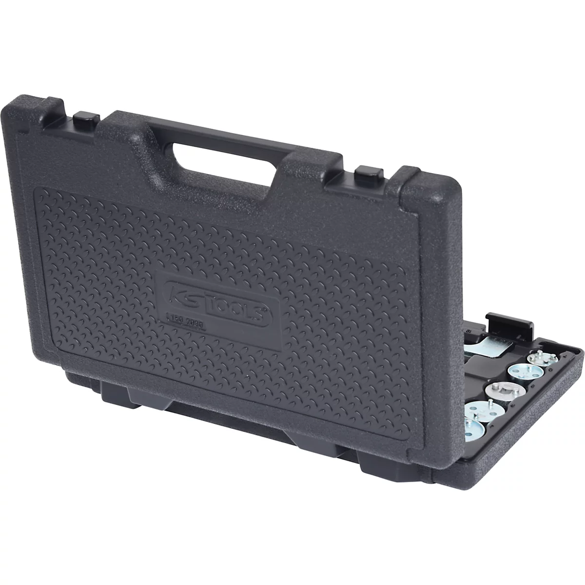 Schwarzer Werkzeugkoffer, teilweise geöffnet, mit Werkzeugen. Auf dem Koffer steht "KS TOOLS".